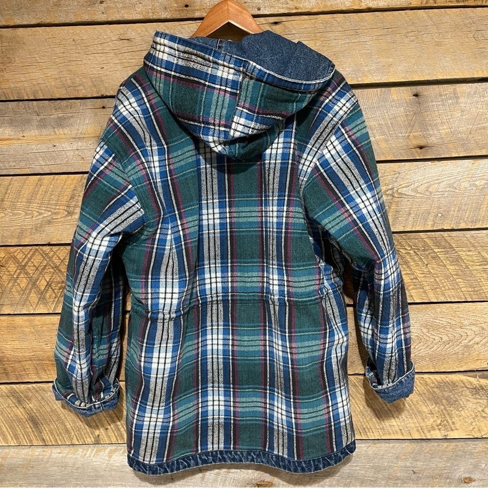 VTG 90s Current Seen Denim Plaid Reversible Hooded Jacket Coat Women’s Medium